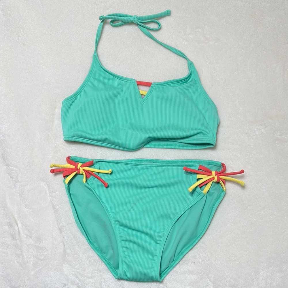 Teal Bikini Set with Colorful Ties Girls